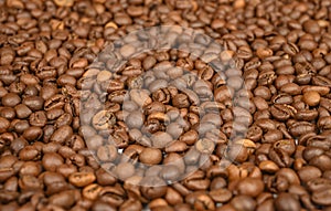 Roasted coffee beans close-up. Background image, texture