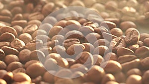 Roasted coffee beans close-up, smoke, slow mo falling