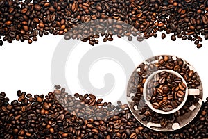 Roasted Coffee Beans and a Coffee Cup Isolated on White Background