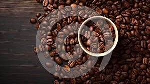 Roasted coffee beans on a dark wooden table and in a cup, top view