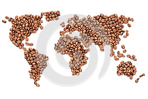 Roasted coffee beans earth map isolated on white background