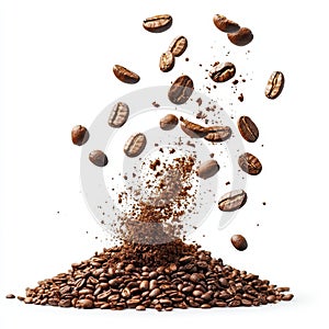 Roasted Coffee Beans Exploding in Air Ground Coffee Pile