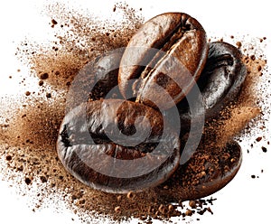 Roasted Coffee Beans Exploding With Ground Coffee Dust On White whole beans aroma