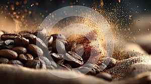 Roasted coffee beans exploding with ground coffee powder