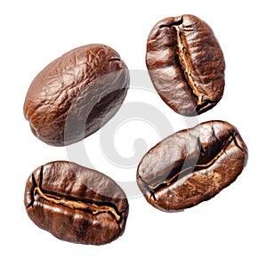 Roasted coffee beans falling through the air