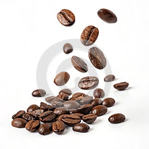 Roasted coffee beans falling