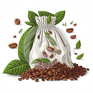 Roasted coffee beans falling out of a burlap sack on white background. Sackcloth bag with coffee beans, coffee nuts in sack bags