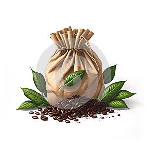 Roasted coffee beans falling out of a burlap sack on white background. Sackcloth bag with coffee beans, coffee nuts in sack bags