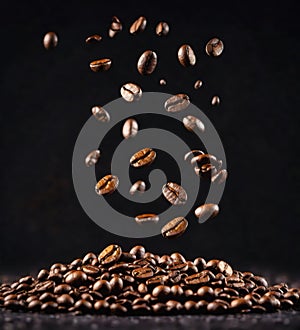 roasted coffee beans falling on a table, black background ,motion blur