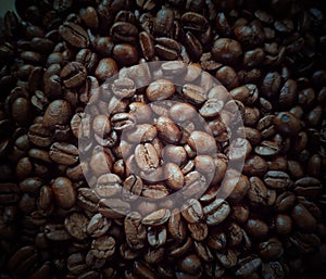 Roasted coffee beans, full frame image.