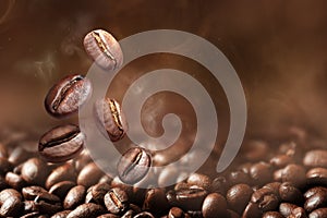 Roasted coffee beans on grey background