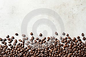 Roasted coffee beans on grey background with space