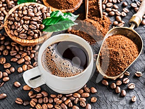 Roasted coffee beans, ground coffee and cup of coffee on wooden