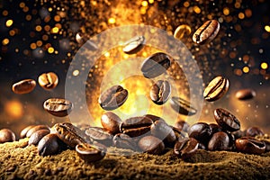 Roasted coffee beans and ground explosion