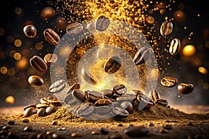 Roasted coffee beans and ground explosion