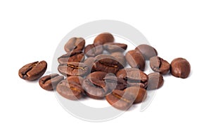 Roasted coffee beans isolated on white background. Three coffee