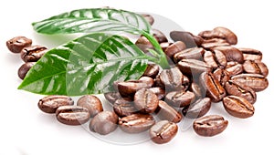 Roasted coffee beans and leaves.