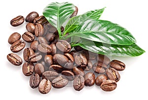 Roasted coffee beans and leaves.