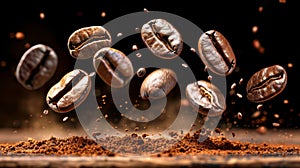 Roasted coffee beans in levitation on black background creating a captivating visual