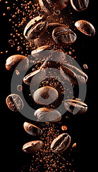 Roasted coffee beans in levitation on black background, falling beans captured in motion