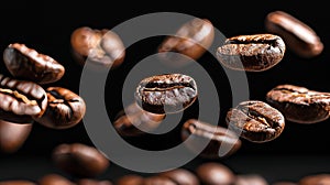 Roasted coffee beans in motion, levitating on black background for a captivating visual display