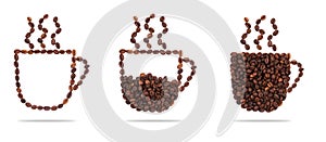 Roasted coffee beans placed in the shape of a cup and saucer on