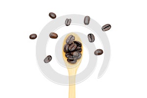 Roasted coffee beans in sack of cloth on a white background