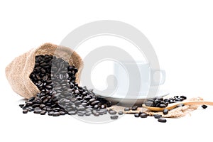 Roasted coffee beans in sack of cloth on a white background