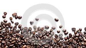 Roasted coffee beans scattered across a white background, some isolated and others in clusters