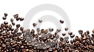 Roasted coffee beans scattered on a white background, creating a sense of aroma and energy