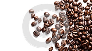 Roasted coffee beans scattered on a white surface, with shadows and highlights