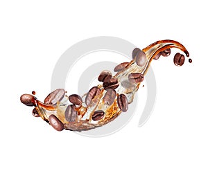 Roasted coffee beans in splashes close up isolated on a white background