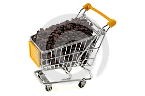 Roasted coffee beans in a supermarket trolley on a white background