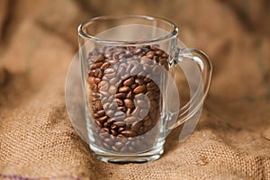 Roasted coffee beans in a transparent glass cup