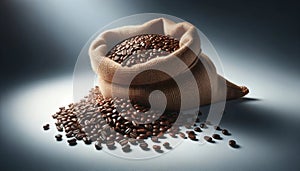 Roasted coffee beans tumbling out of a burlap sack on white background