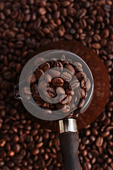 Roasted coffee beans in Turka on the table