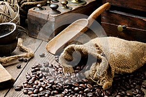 Roasted coffee beans in vintage setting