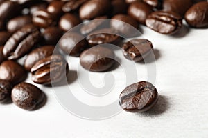 Roasted coffee beans on white background