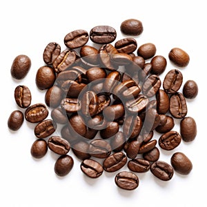 Roasted Coffee Beans On White Background - Aerial Photography