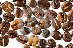Roasted coffee beans on white milk background. Coffee beans in milk. Top view macro shot of arabica, robusta and iberica coffee se