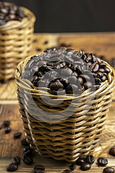 Roasted coffee beans on a wicker basket