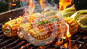 Roasted corn cobs on a grill evoke the essence of grilled corn, Ai Generated