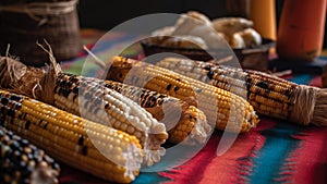 Roasted corn cobs on a table. Celebration of Festa junina from Brazil. Generative AI.