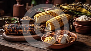 Roasted corn cobs on a table. Celebration of Festa junina from Brazil. Generative AI.