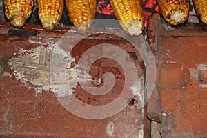 The roasted corn sticked with a stick is on top of a charcoal that is burning very hot and red.