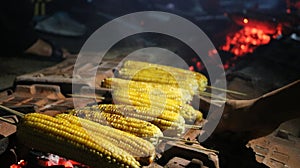The roasted corn sticked with a stick is on top of a charcoal that is burning very hot and red. Burning by flanking using bricks.