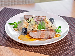 Roasted duck breast served with traditional carlsbad dumplings and blackberries