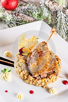 Roasted duck leg with mash and sauce on white plate, christmas traditional food