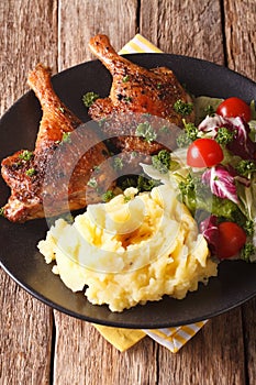 roasted duck leg with mashed potatoes garnish and salad mix close-up. vertical