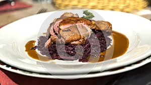 Roasted duck on red cabbages